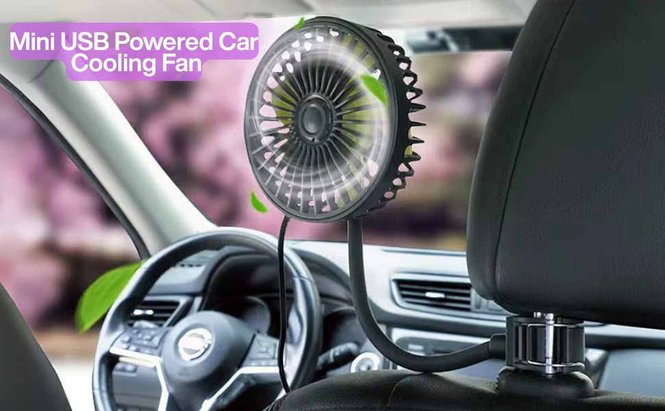 USB Car Cooling Fan | 3-Speed 360 Degree Adjustable Fan (Dashboard & Headrest)