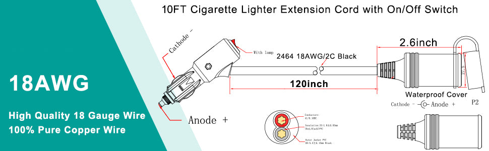 Car Cigarette Lighter Extension Cable | 3M with Switch & 15A Fuse