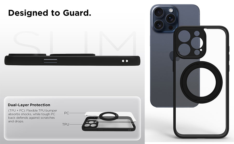 iPhone 15 Pro Max Ring Stand Back Cover Case | Sleek Hybrid - Clear Black Ring Stand