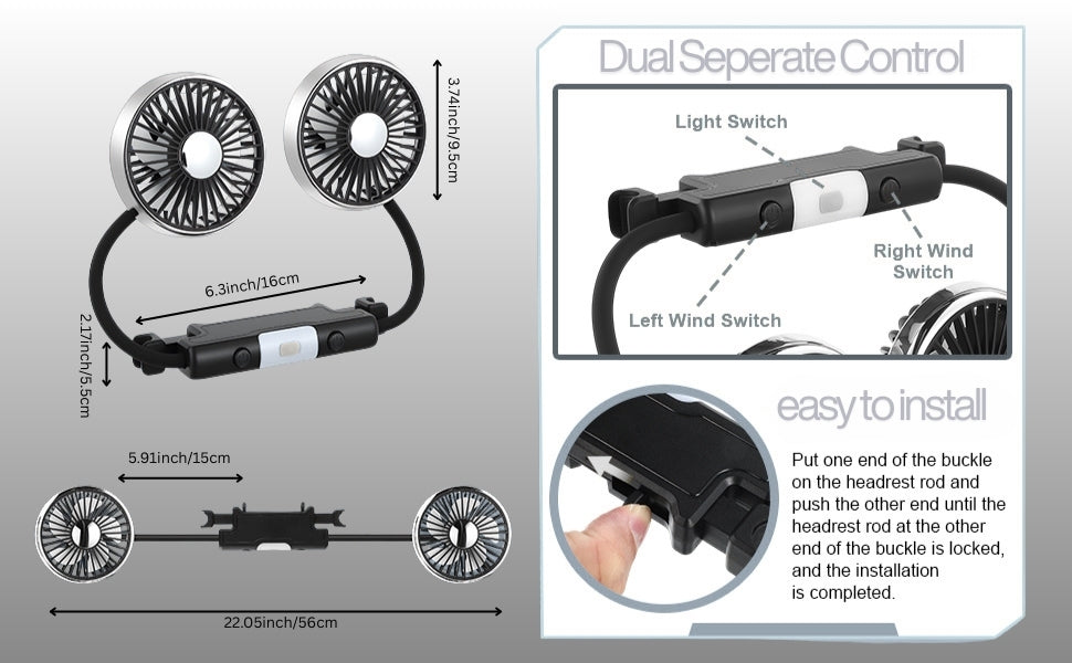 Dual Head Car Cooling Fan | 3-Speed 360 Degree USB Fan with LED Light