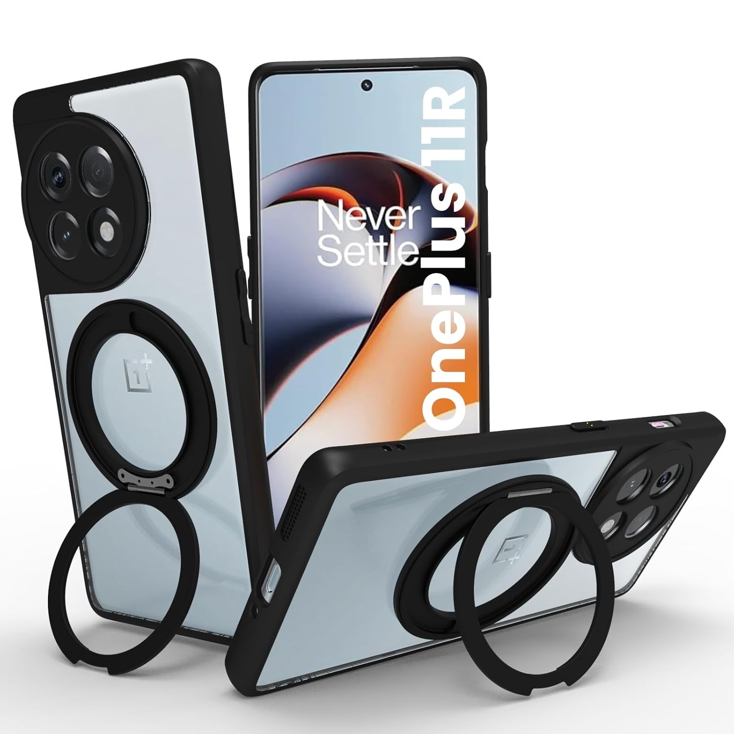 OnePlus 11R Back Ring Stand Cover Case | Clear Hybrid - Clear Black Magnetic