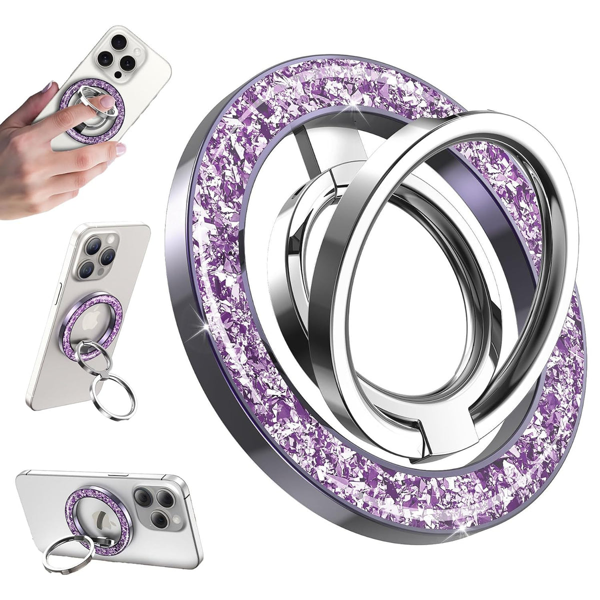 Magnetic Phone Grip & Stand | 2-in-1 Dual Ring Holder - Purple Sparkle
