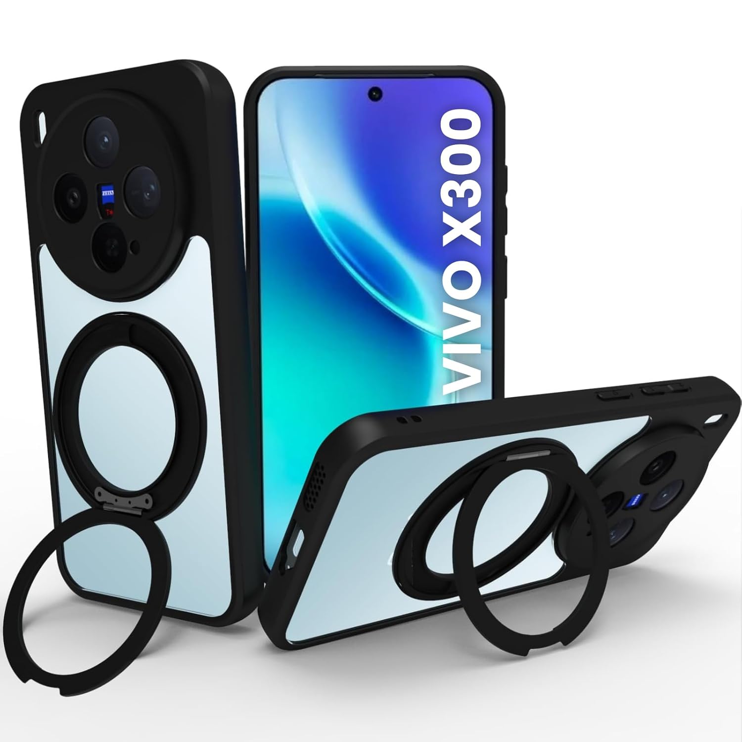 Vivo X300 5G Ring Stand  Back Cover Case | Clear Hybrid - Clear Black Magnetic
