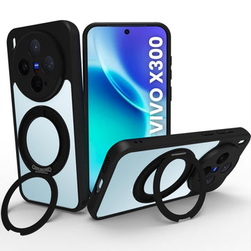 Vivo X300 5G Ring Stand  Back Cover Case | Clear Hybrid - Clear Black Magnetic