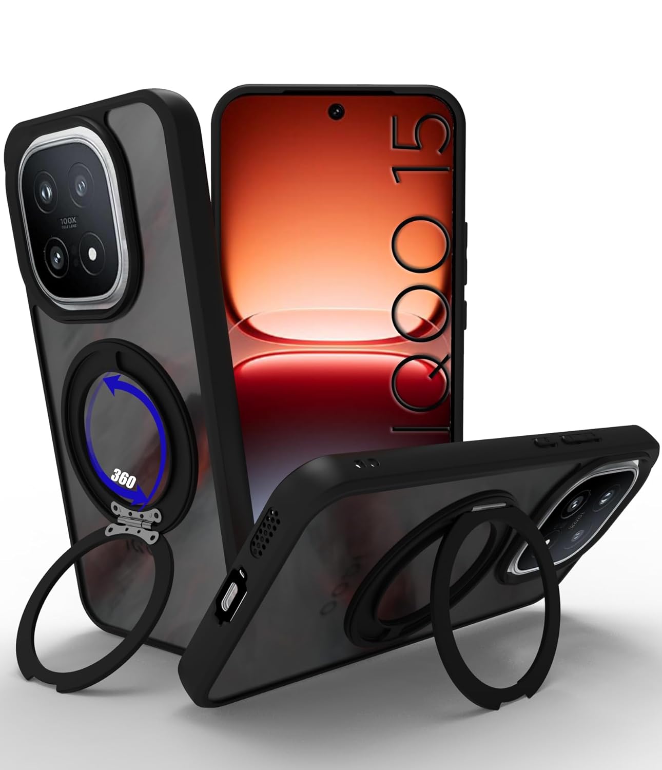 iQOO 15 5G Ring Stand Back Cover Case | Sleek Hybrid - Matte Black Magnetic