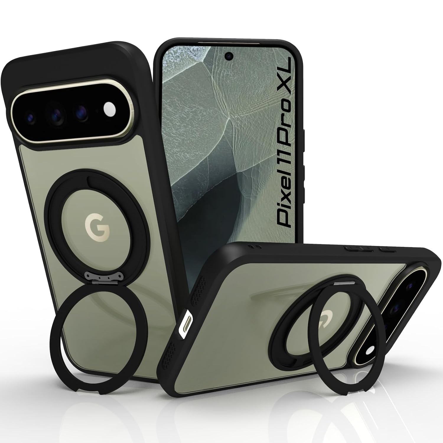 Google Pixel 11 Pro XL Ring Stand Back Cover Case| Sleek Hybrid - Matte Black Magnetic