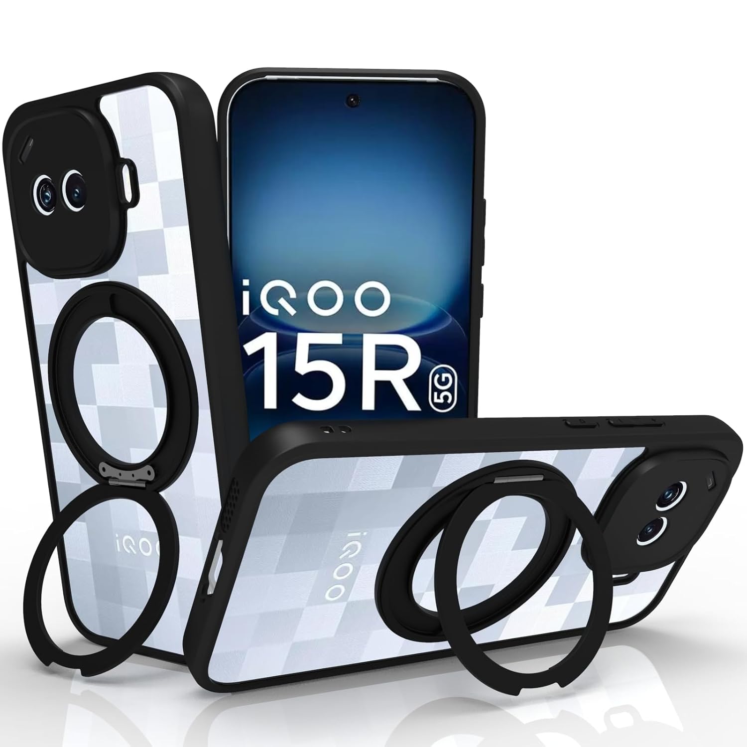 iQOO 15R 5G Ring Stand Back Cover Case | Clear Hybrid - Clear Black Magnetic