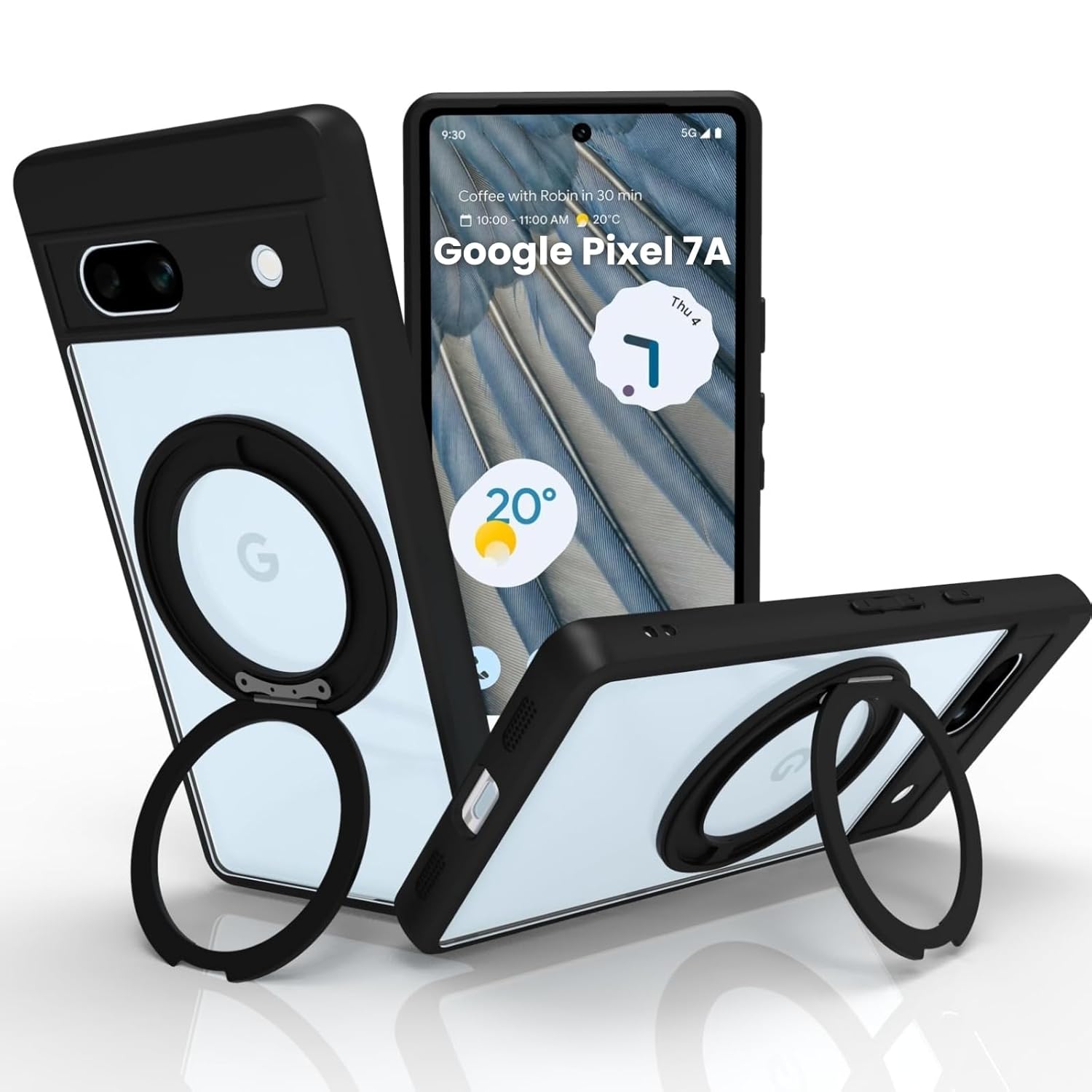 Google Pixel 7A Ring Stand Back Cover Case | Clear Hybrid - Clear Black Magnetic
