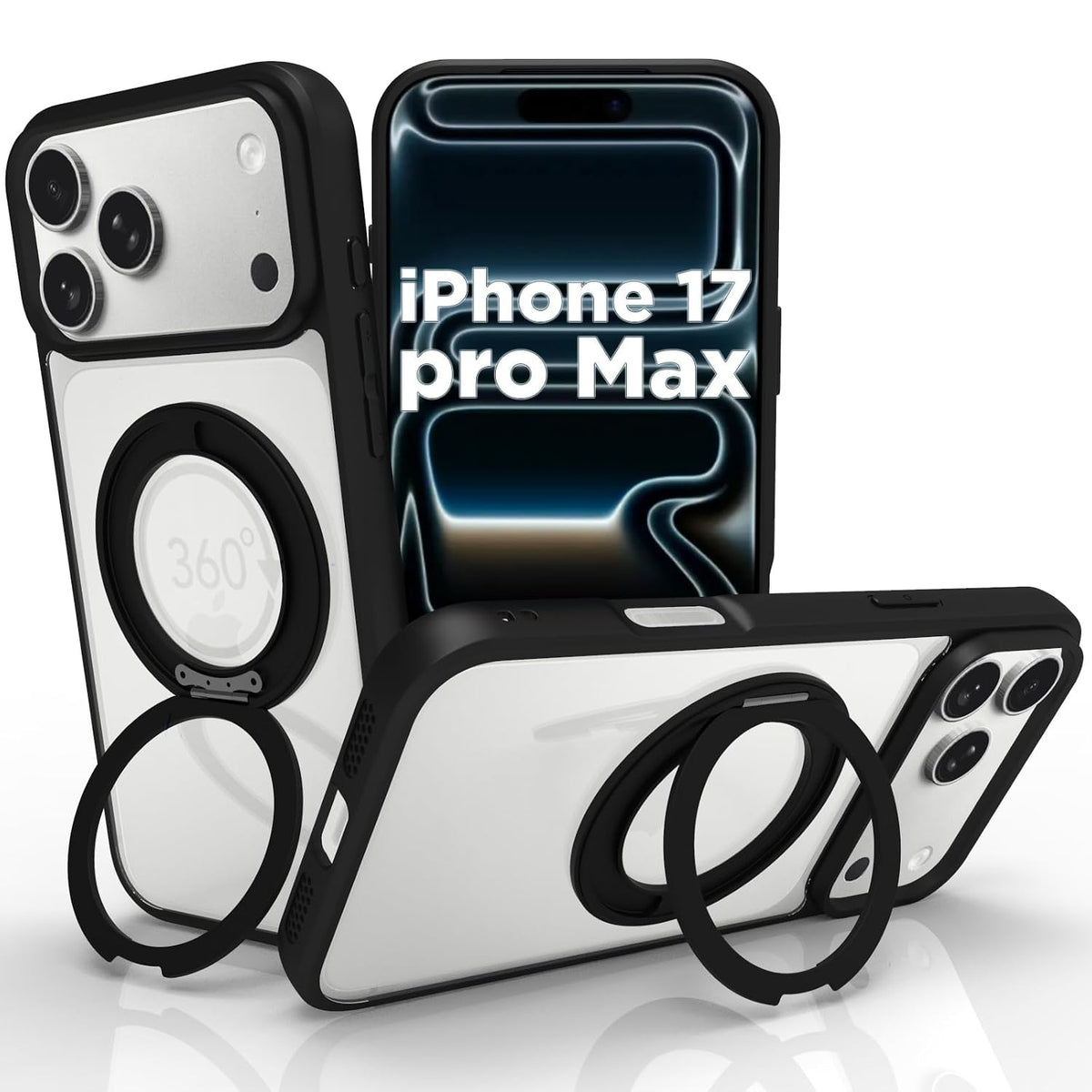 iPhone 18 Pro Max/iPhone 17 Pro Max Ring Stand Back Cover Case | Tough Hybrid - Clear Black Magnetic