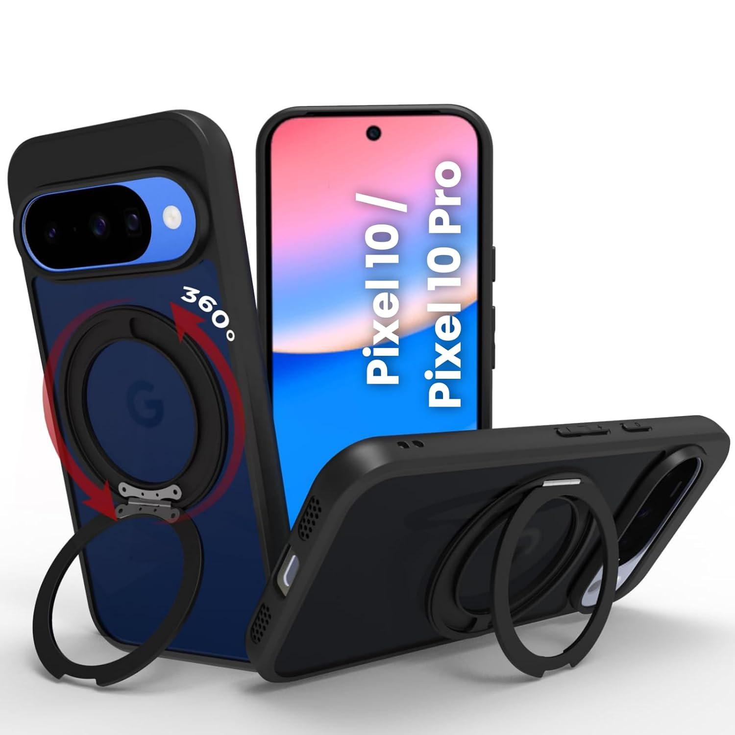 Google Pixel 10 / Pixel 10 Pro Ring Stand Back Cover Case | Sleek Hybrid - Matte Black Magentic