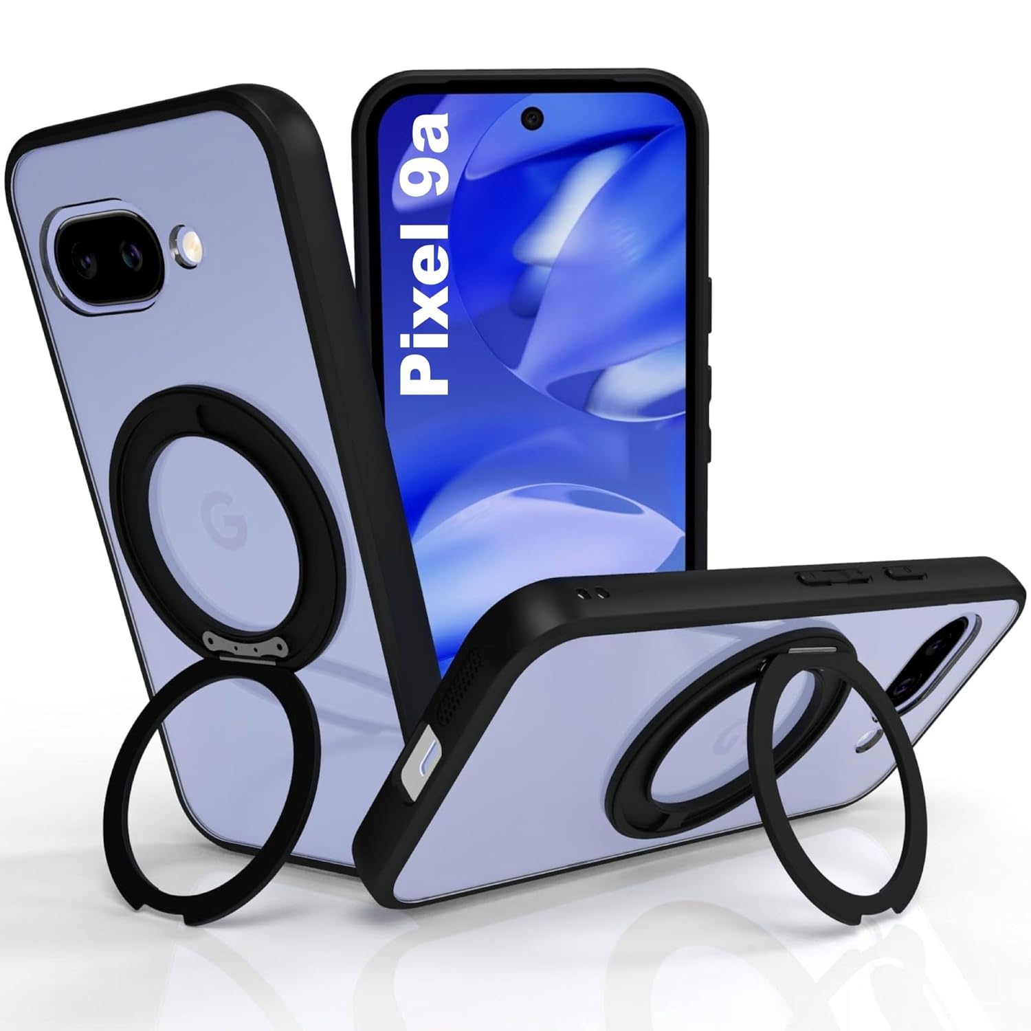 Google Pixel 9a Ring Stand Back Cover Case | Clear Hybrid - Clear Black Magnetic