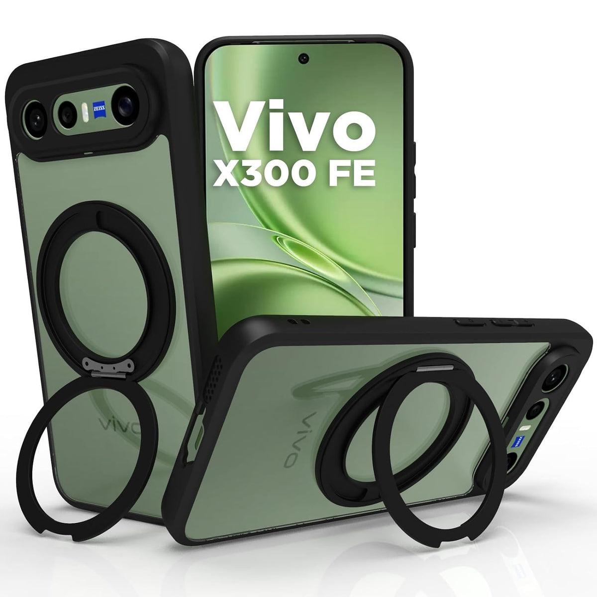 Vivo X300 FE Ring Stand Back Cover Case | Clear Hybrid - Clear Black Magnetic