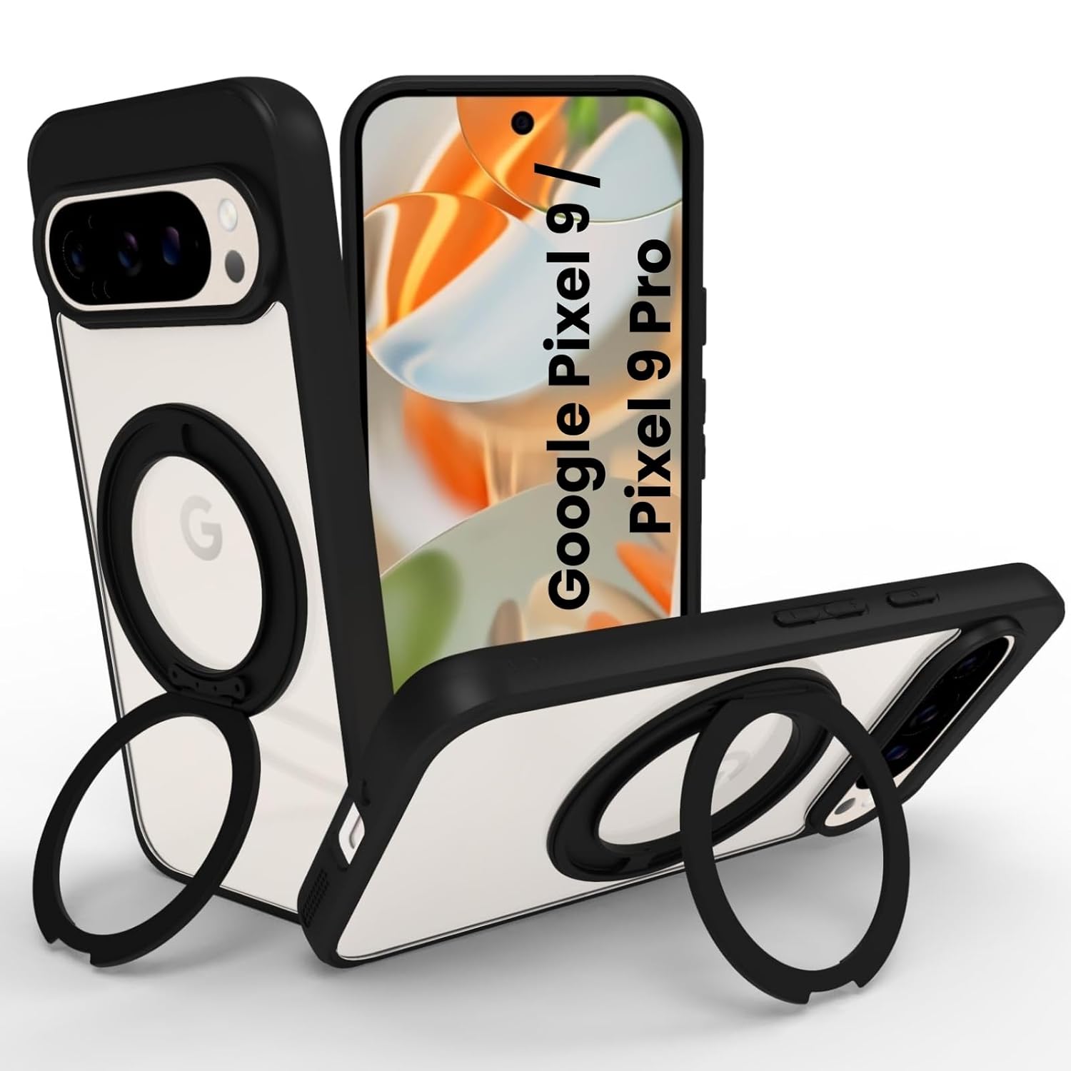 Google Pixel 9 / Pixel 9 Pro Ring Stand Back Cover Case | Sleek Hybrid - Clear Black Ring Stand