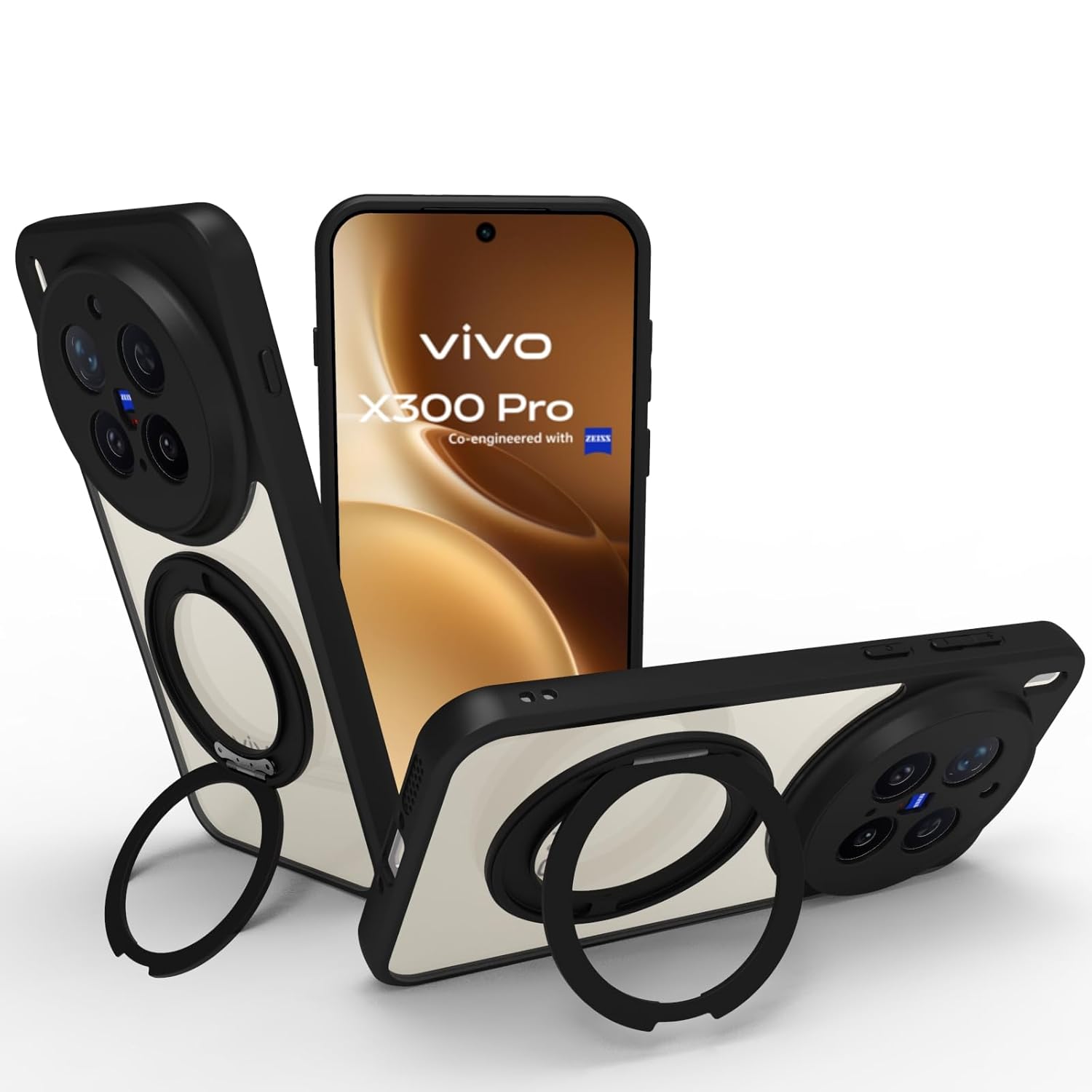 Vivo X300 Pro 5G Ring Stand Back Cover Case | Clear Hybrid - Clear Black Magnetic