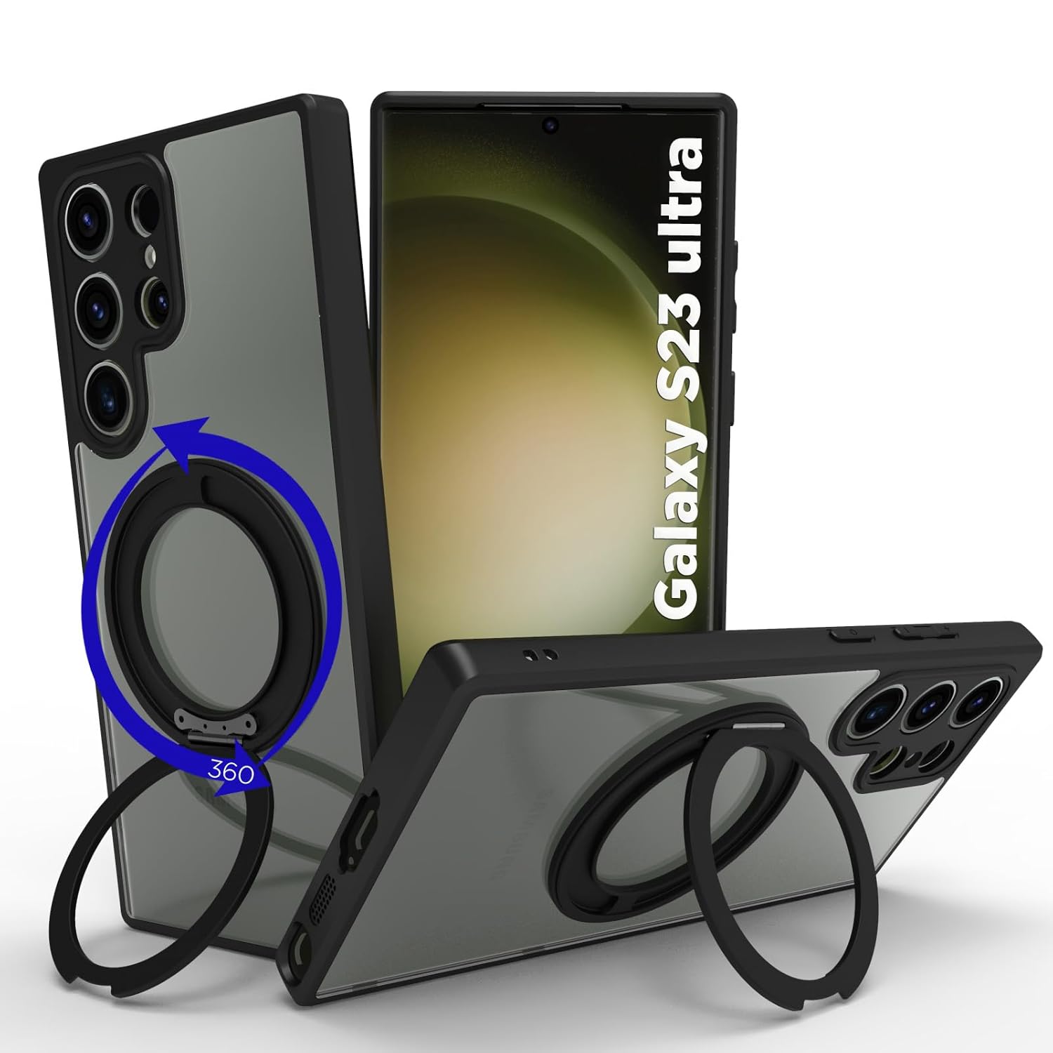 Samsung Galaxy S23 Ultra Ring Stand Back Cover Case | Clear Hybrid - Clear Black Magnetic