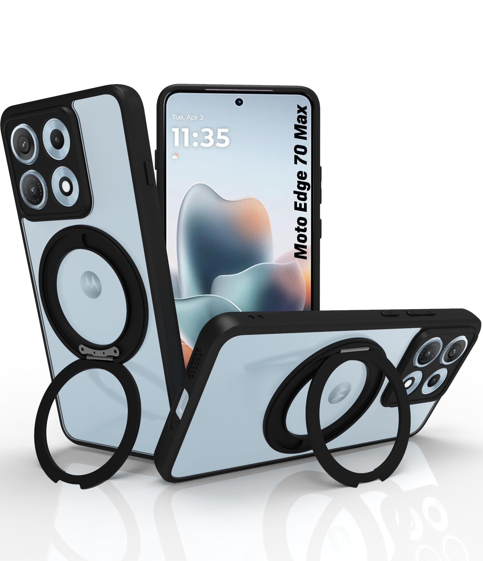 Motorola Edge 70 Max Ring Stand Back Cover Case| Sleek Hybrid - Clear Black Magnetic