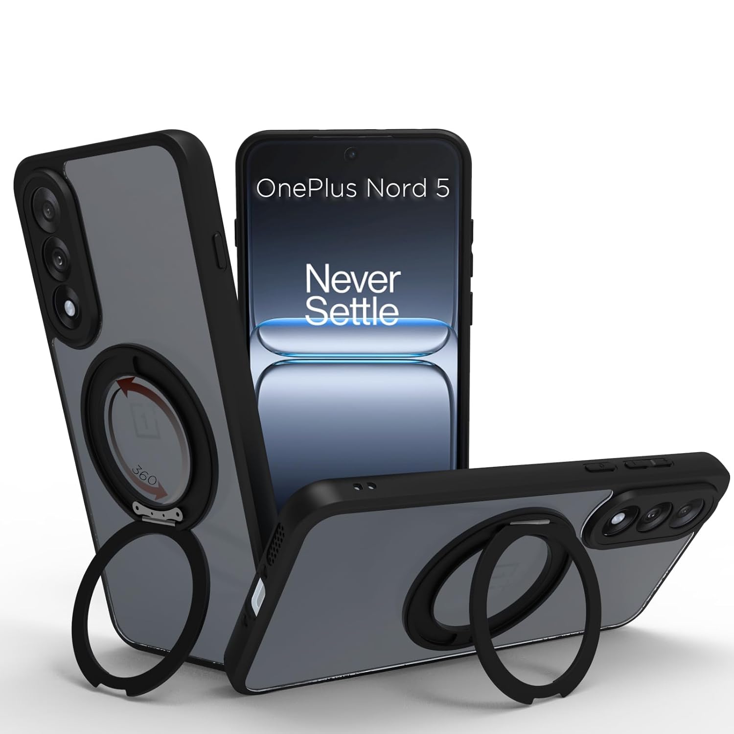 OnePlus Nord 5 5G Ring Stand Back Cover Case | Sleek Hybrid - Matte Black Magnetic