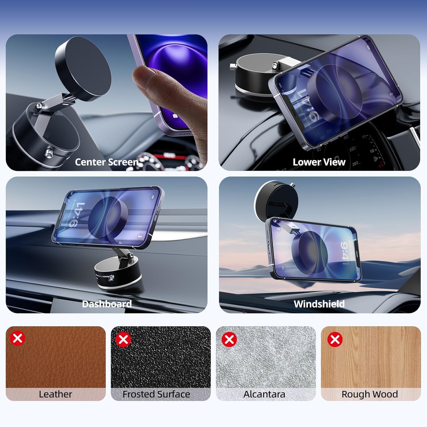 Magnetic Car Mobile Holder | Vacuum Suction Mount for Dashboard & Windshield