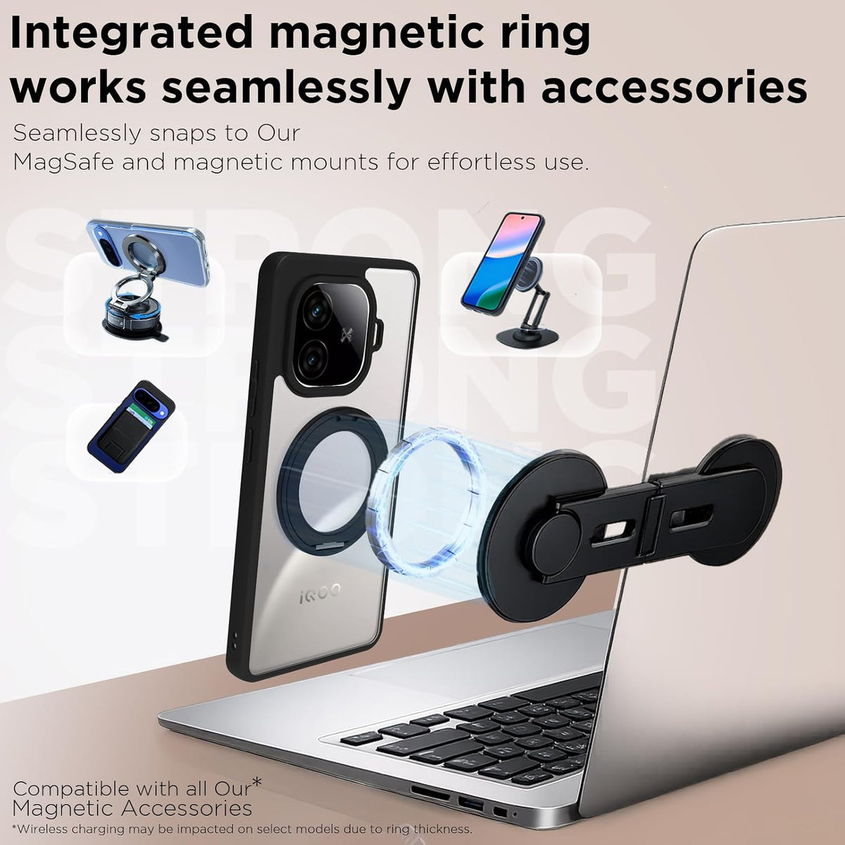 iQOO Neo 10R Ring Stand Back Cover Case | Sleek Hybrid - Clear Black Ring Stand
