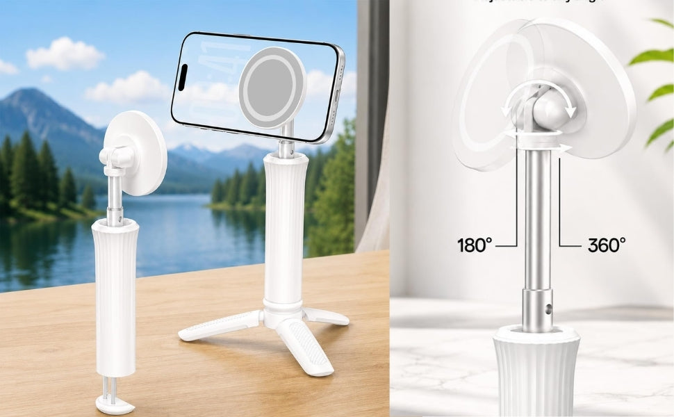 Magnetic Selfie Stick Tripod | 360 Degree Rotatable Phone Holder - White