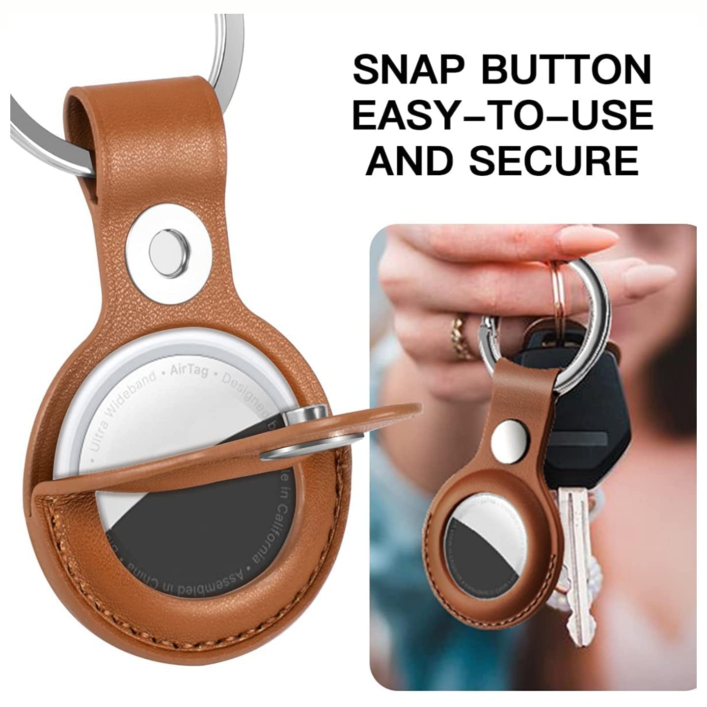 Apple AirTag Leather Key Ring Holder Case - Brown