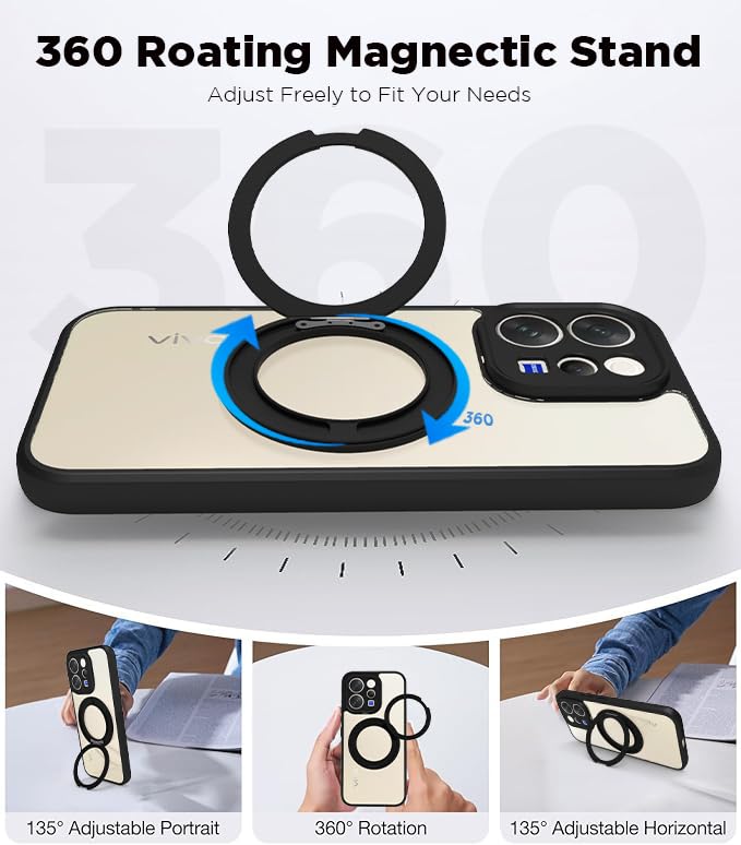 Vivo V70 / V70 Elite 5G Ring Stand Back Cover Case | Clear Hybrid - Clear Black Magnetic