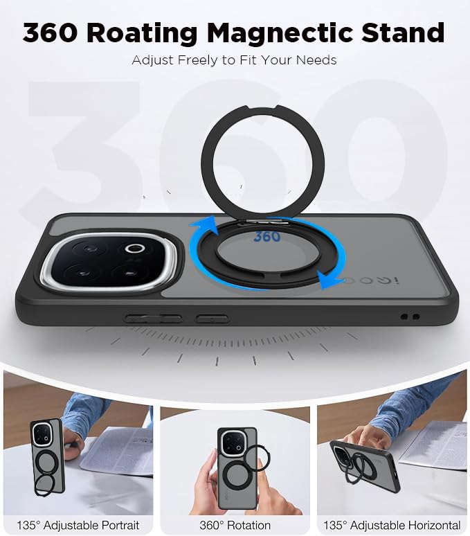 iQOO 13 5G Ring Stand Back Cover Case | Sleek Hybrid - Matte Black Magnetic