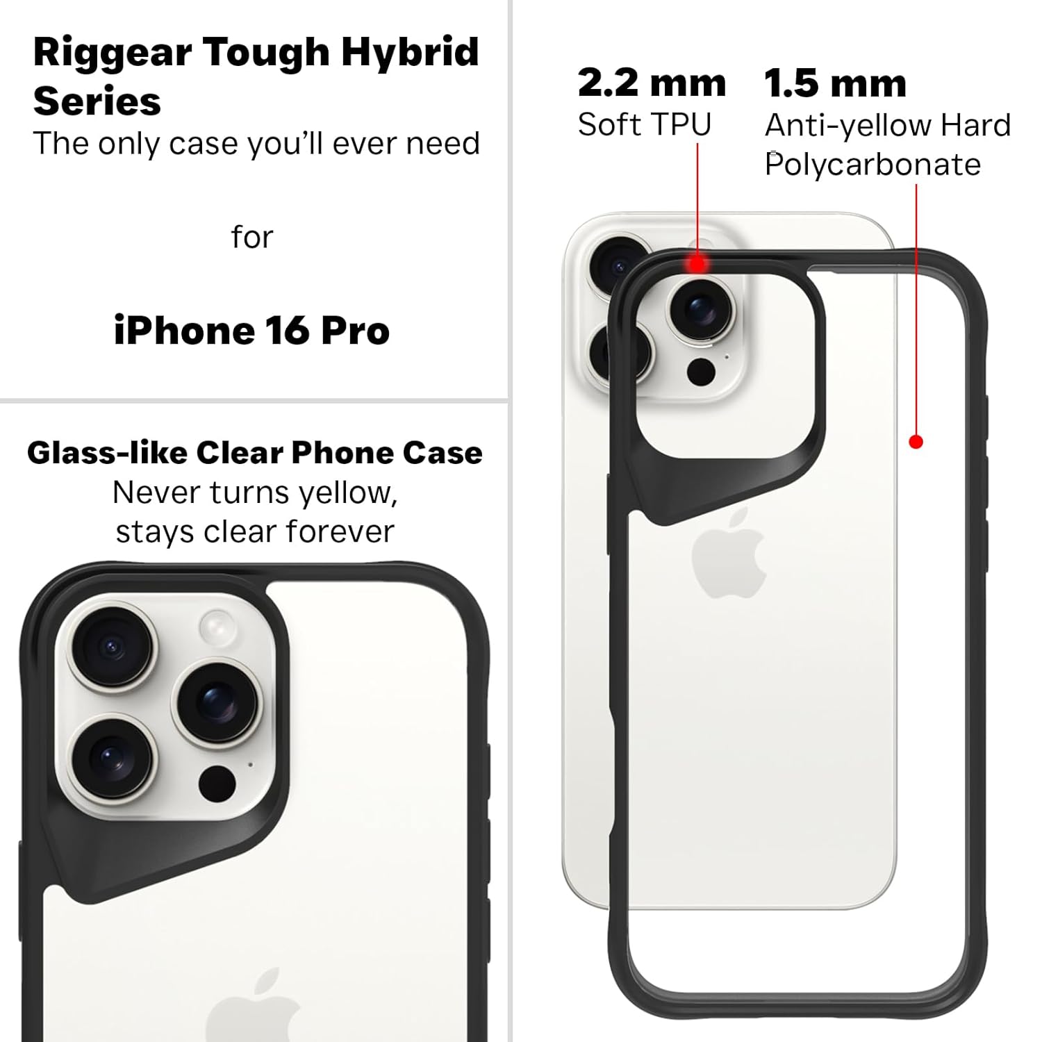 iPhone 16 Pro Back Cover Case | Tough Hybrid - Clear Black