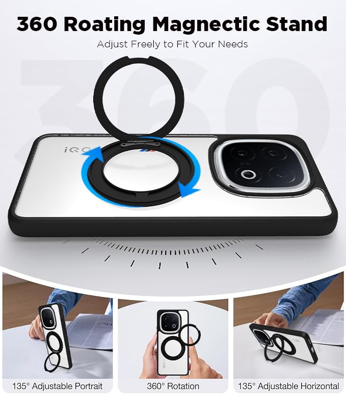 iQOO 13 5G Ring Stand Back Cover Case | Sleek Hybrid - Matte Black Magnetic