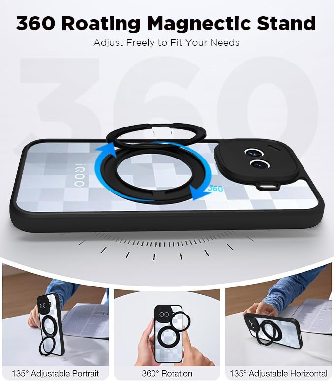 iQOO 15R 5G Ring Stand Back Cover Case | Clear Hybrid - Clear Black Magnetic