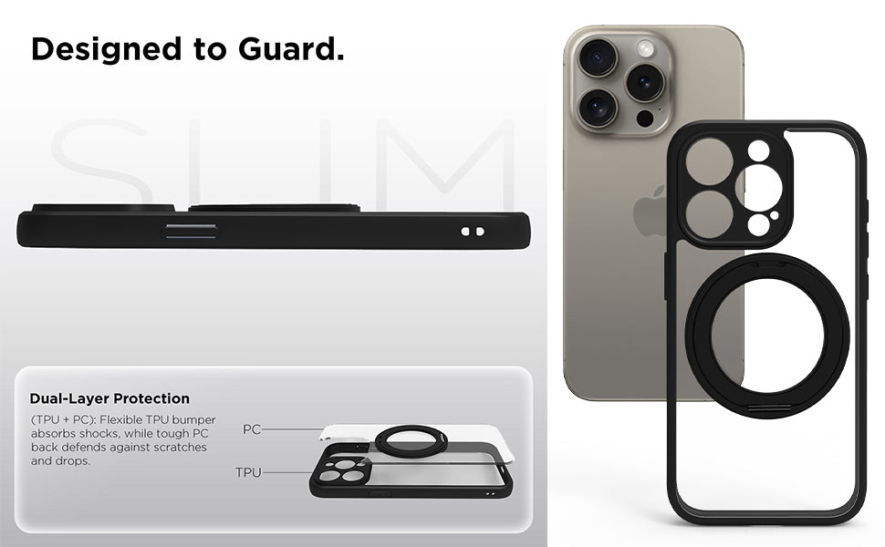 iPhone 15 Pro Ring Stand Back Cover Case | Sleek Hybrid - Clear Black Ring Stand