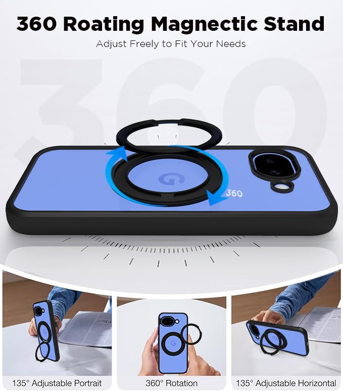 Google Pixel 10a Ring Stand Back Cover Case | Clear Hybrid - Clear Black Magnetic