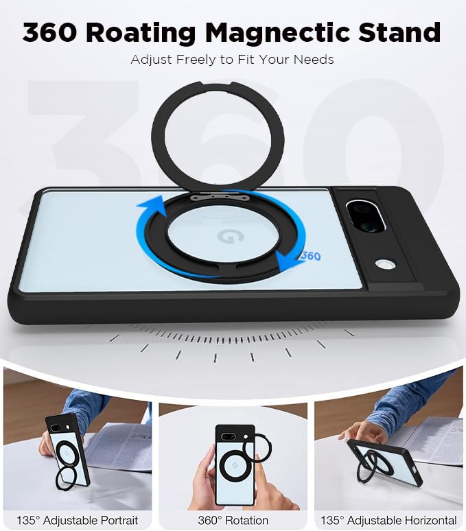 Google Pixel 7A Ring Stand Back Cover Case | Clear Hybrid - Clear Black Magnetic