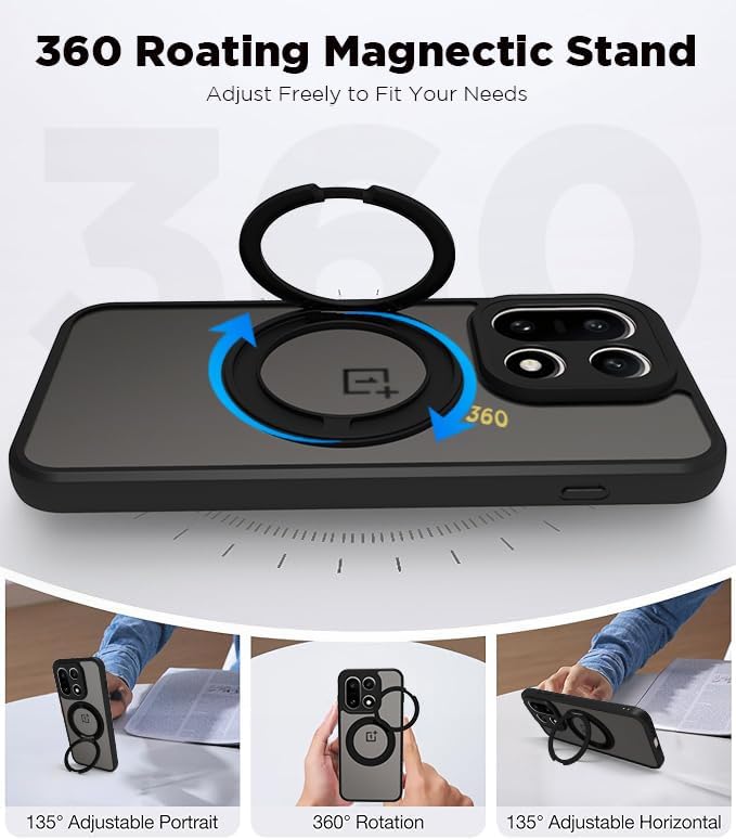 OnePlus 15 5G Ring Stand Back Cover Case | Sleek Hybrid - Clear Magnetic Black