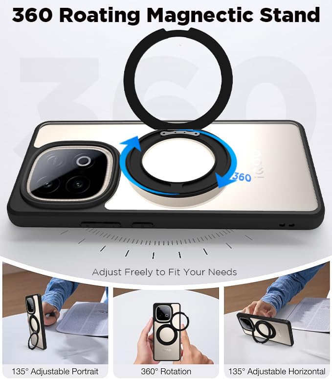 iQOO Neo 10 5G Ring Stand Back Cover Case | Clear Hybrid - Clear Black Magnetic