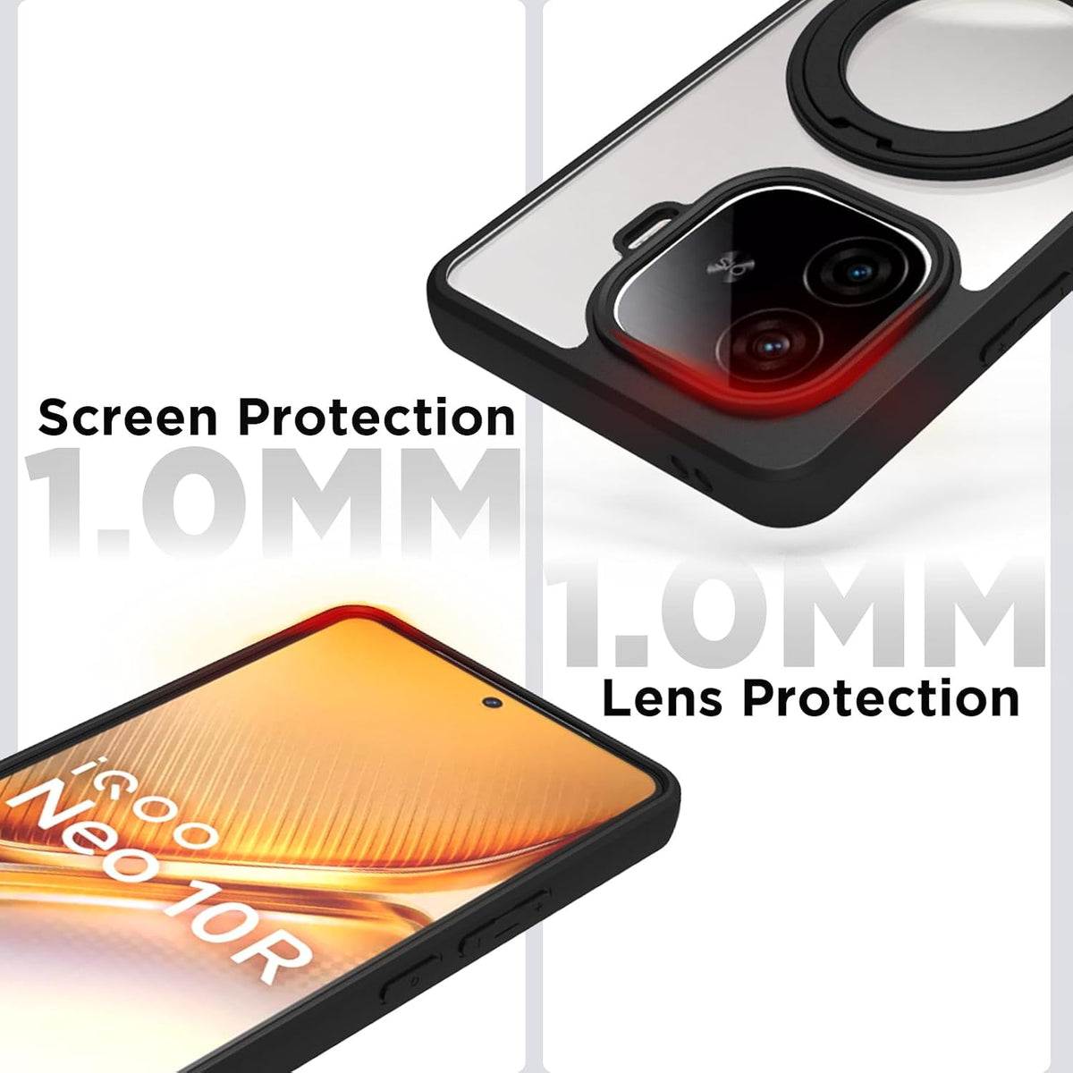 iQOO Neo 10R Ring Stand Back Cover Case | Sleek Hybrid - Clear Black Ring Stand