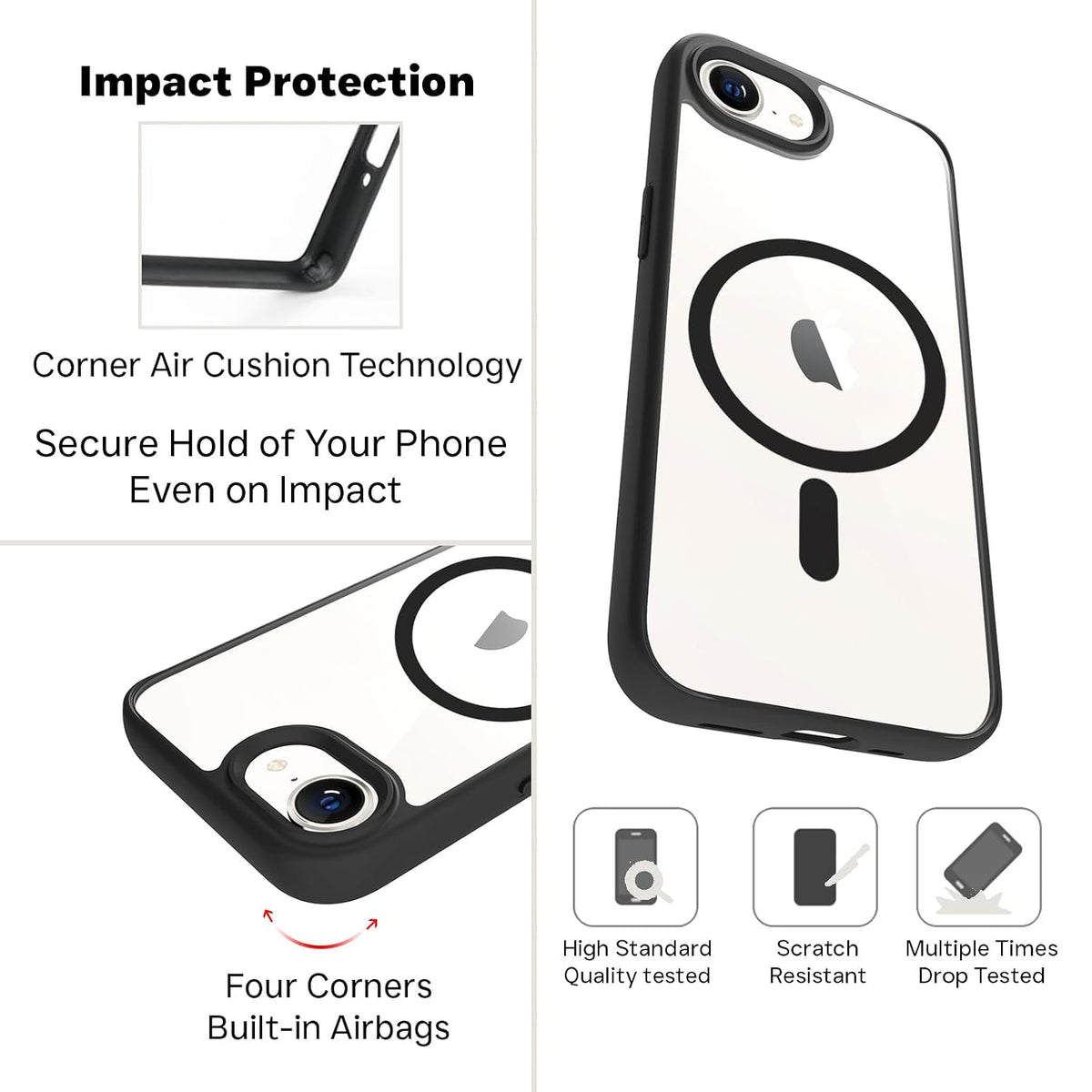 iPhone 17e / iPhone 16e Back Cover Case | Tough Hybrid - Clear Black Magnetic