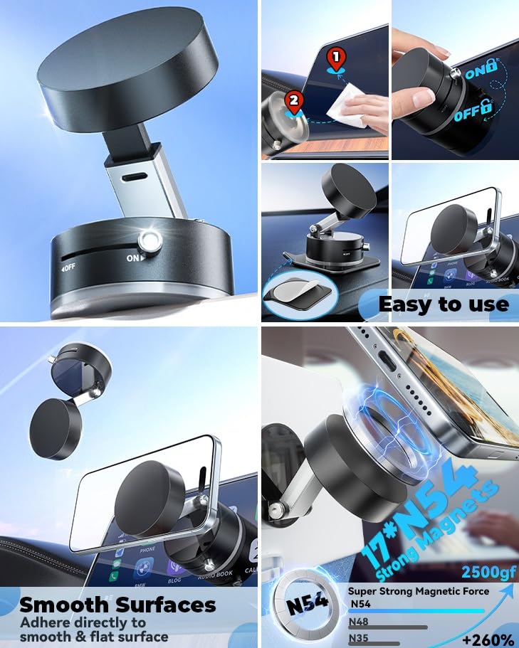 Magnetic Car Phone Holder | 360° Rotatable Suction Mount for Dashboard & Windshield