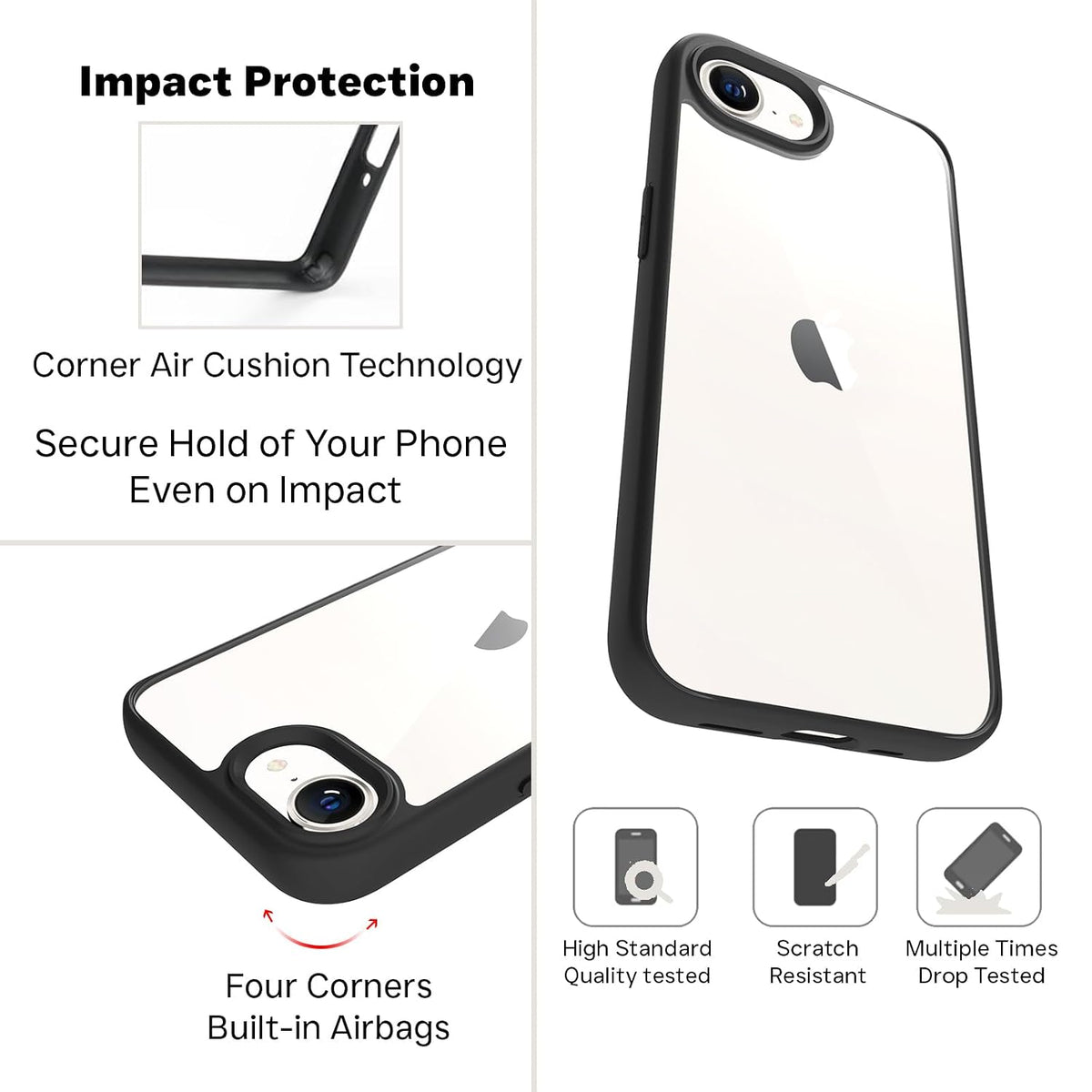 iPhone 16e / iPhone 17e Back Cover Case | Tough  Hybrid - Clear Black