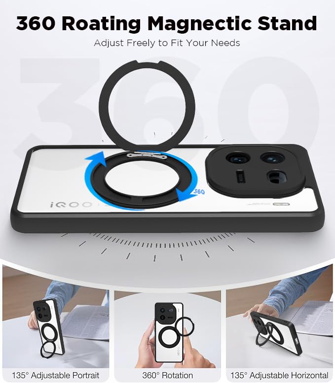 iQOO 12 5G Ring Stand Back Cover Case | Clear Hybrid - Clear Black Magnetic