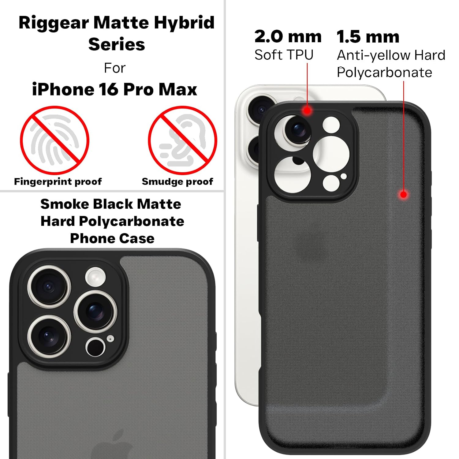 iPhone 16 Pro Max Back Cover Case | Sleek Hybrid - Matte Black