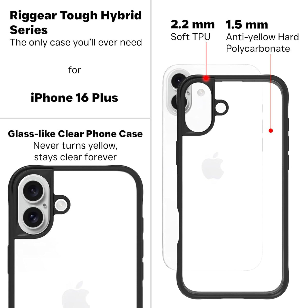 iPhone 16 Plus Back Cover Case | Tough Hybrid - Clear Black
