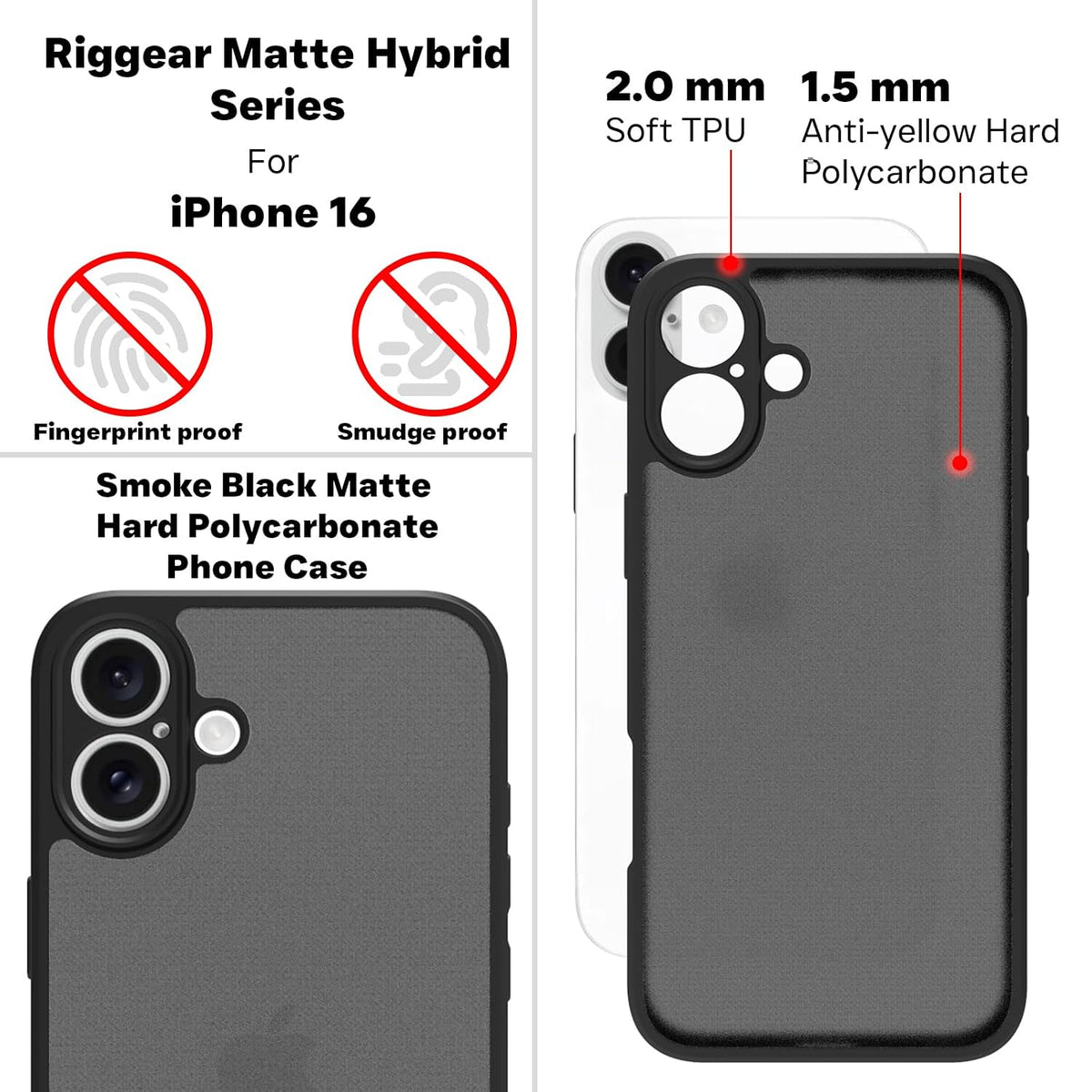 iPhone 16 Back Cover Case | Sleek Hybrid - Matte Black