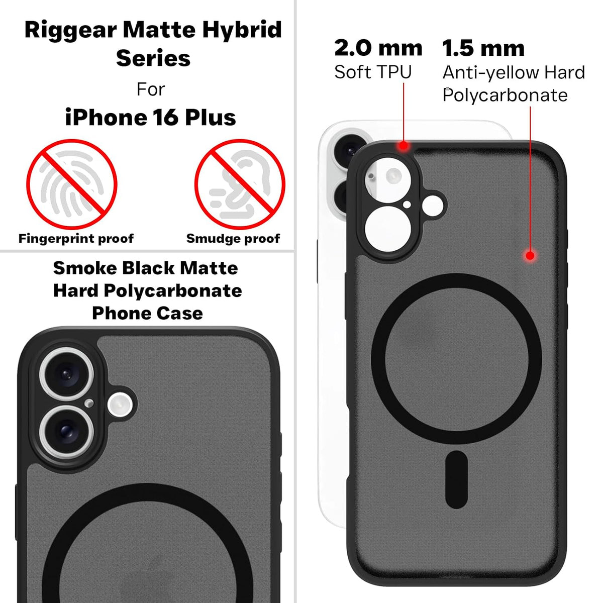 iPhone 16 Plus Back Cover Case | Sleek Hybrid - Matte Black Magnetic