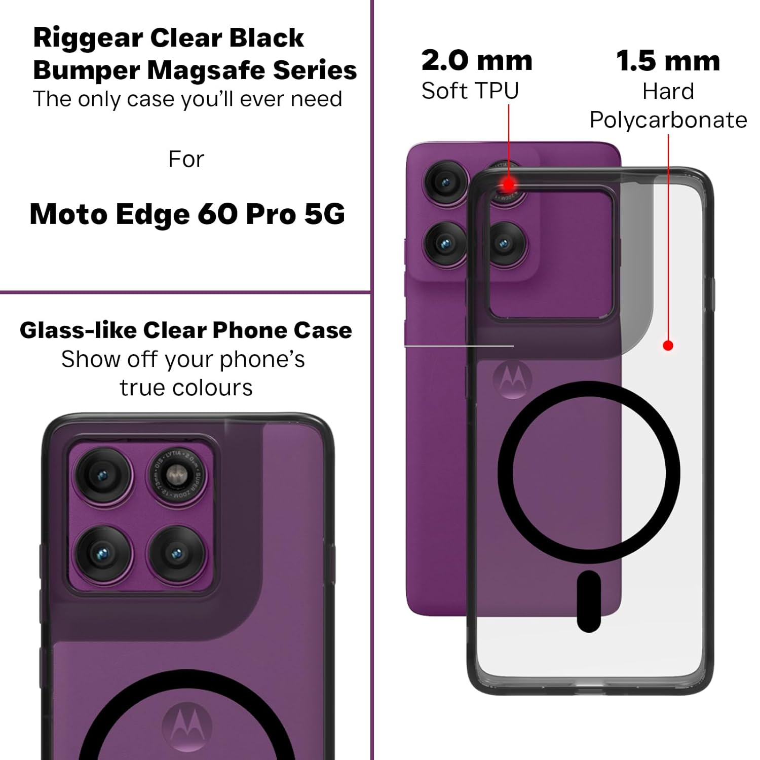 Motorola Edge 60 Pro 5G Back Cover Case | Clear Hybrid - Clear Black Magnetic