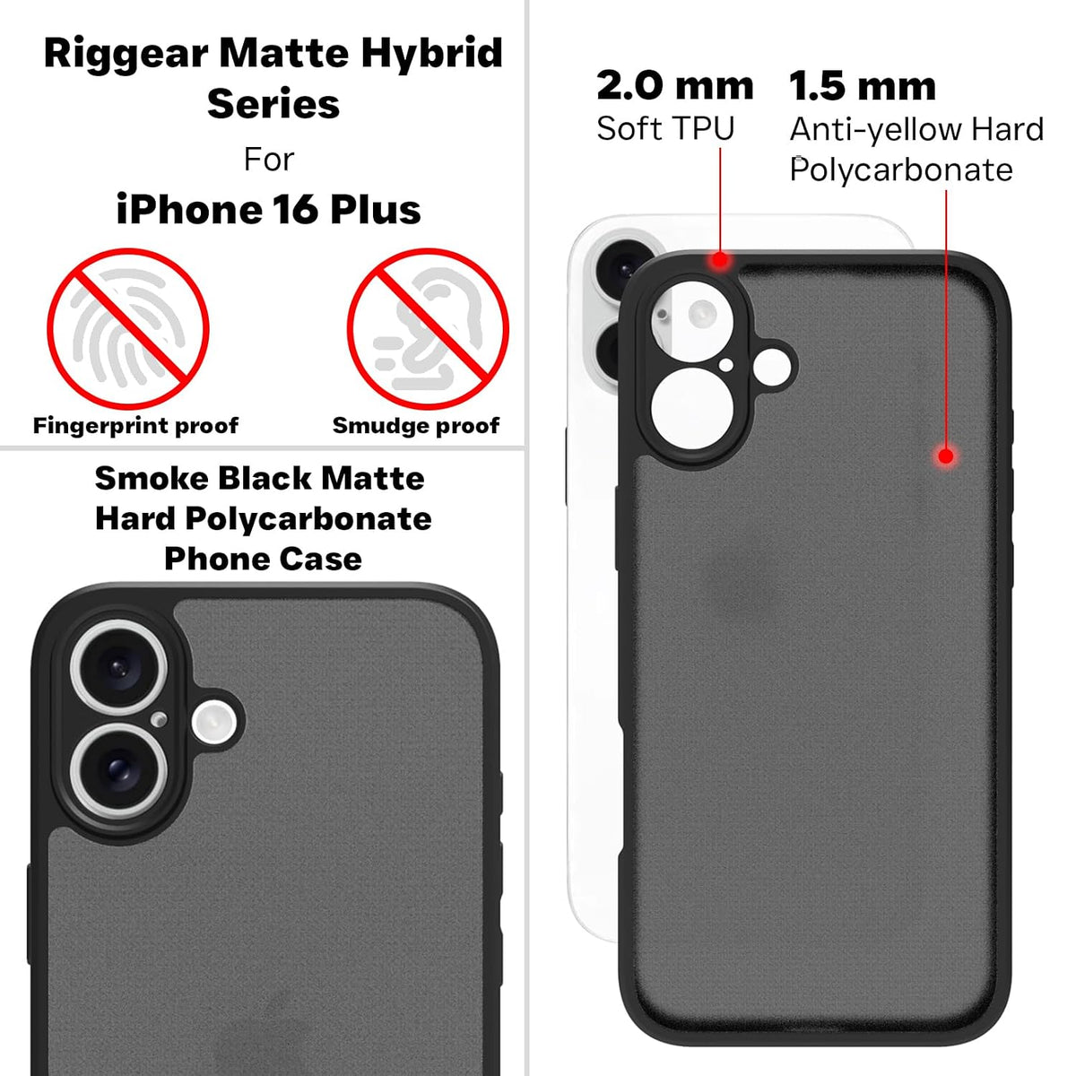 iPhone 16 Plus Back Cover Case | Sleek Hybrid - Matte Black