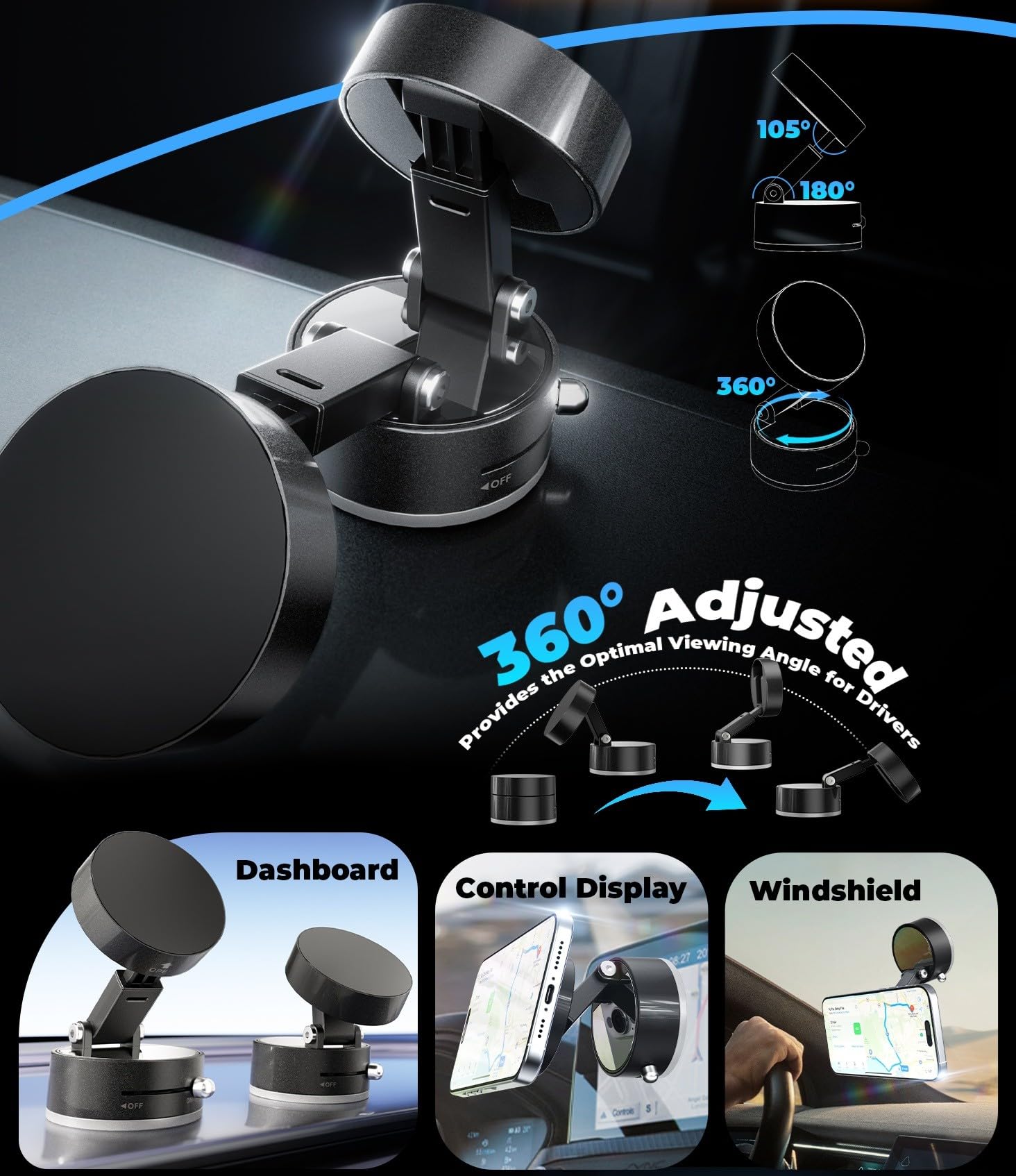 Magnetic Car Phone Holder | 360° Rotatable Suction Mount for Dashboard & Windshield