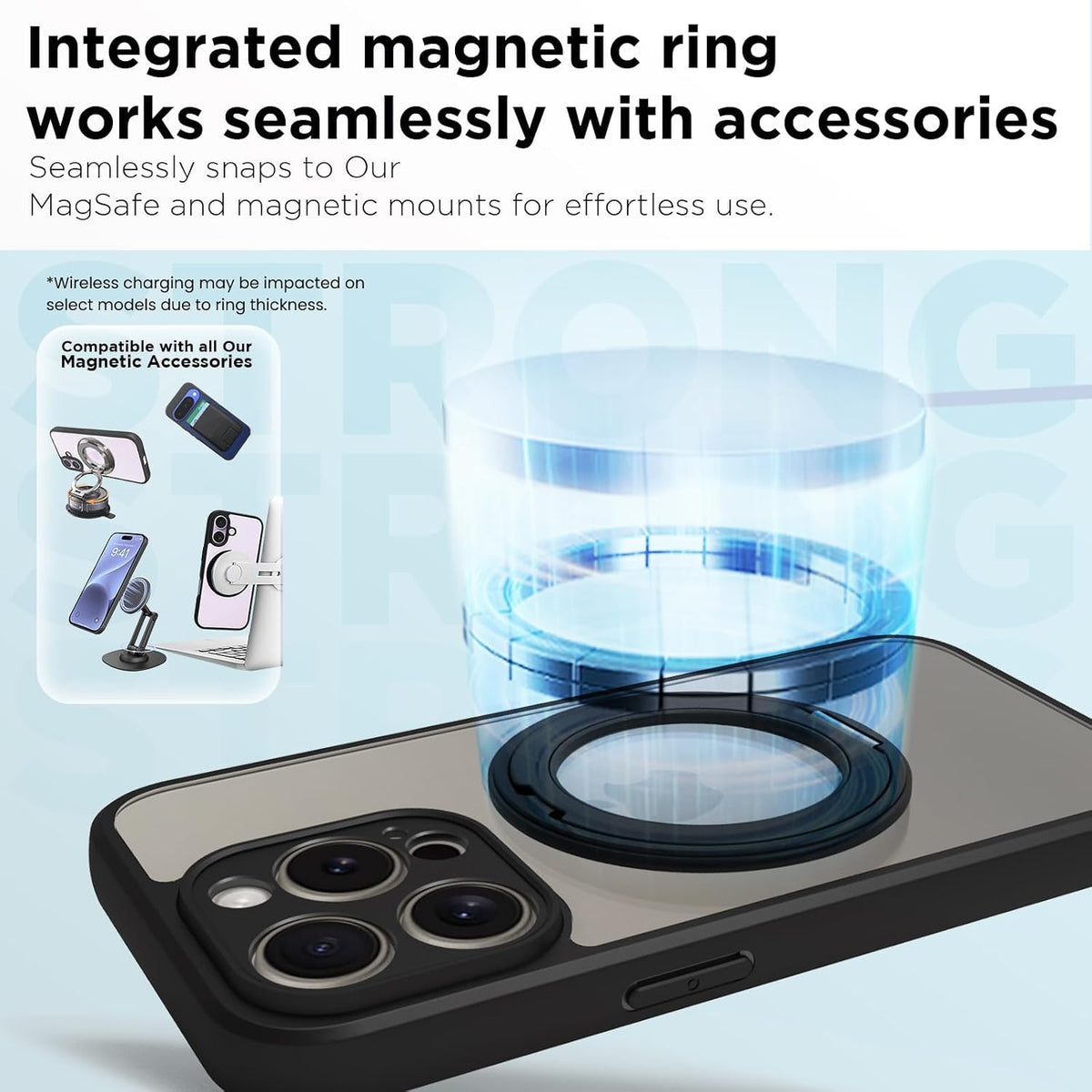 iPhone 15 Pro Ring Stand Back Cover Case | Sleek Hybrid - Clear Black Ring Stand