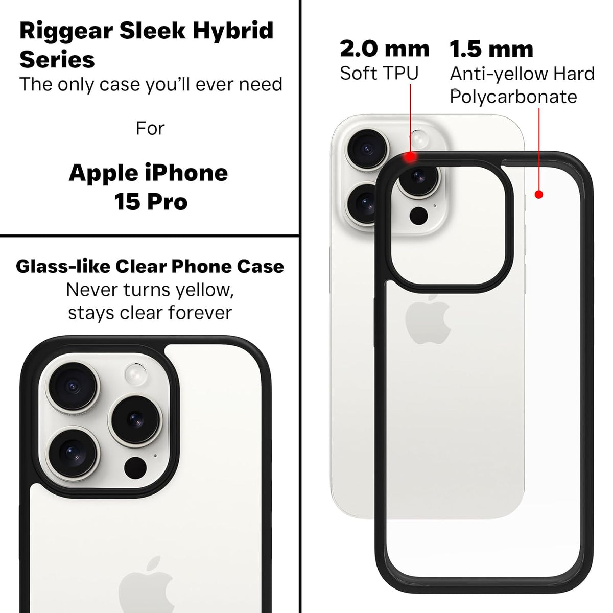 iPhone 15 Pro Back Cover Case | Sleek Hybrid - Clear Black