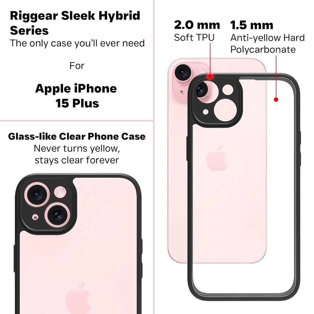 iPhone 15 Plus Back Cover Case | Sleek Hybrid - Clear Black